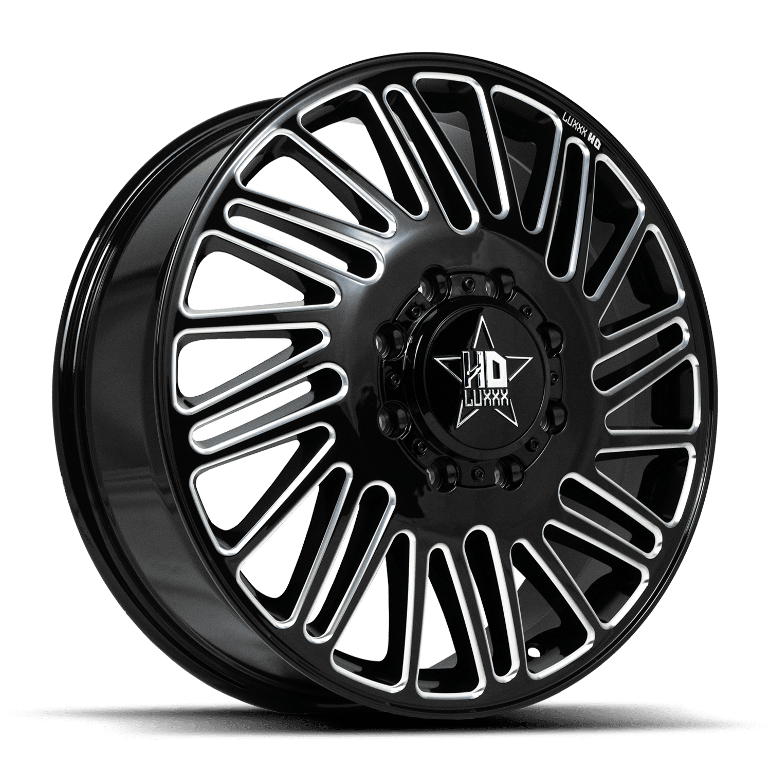 Luxxx HD19 Front Dually Wheel, 20"x8.25", 8x165mm, +115 Offset, 121.3mm Hub, Gloss Black Milled Finish