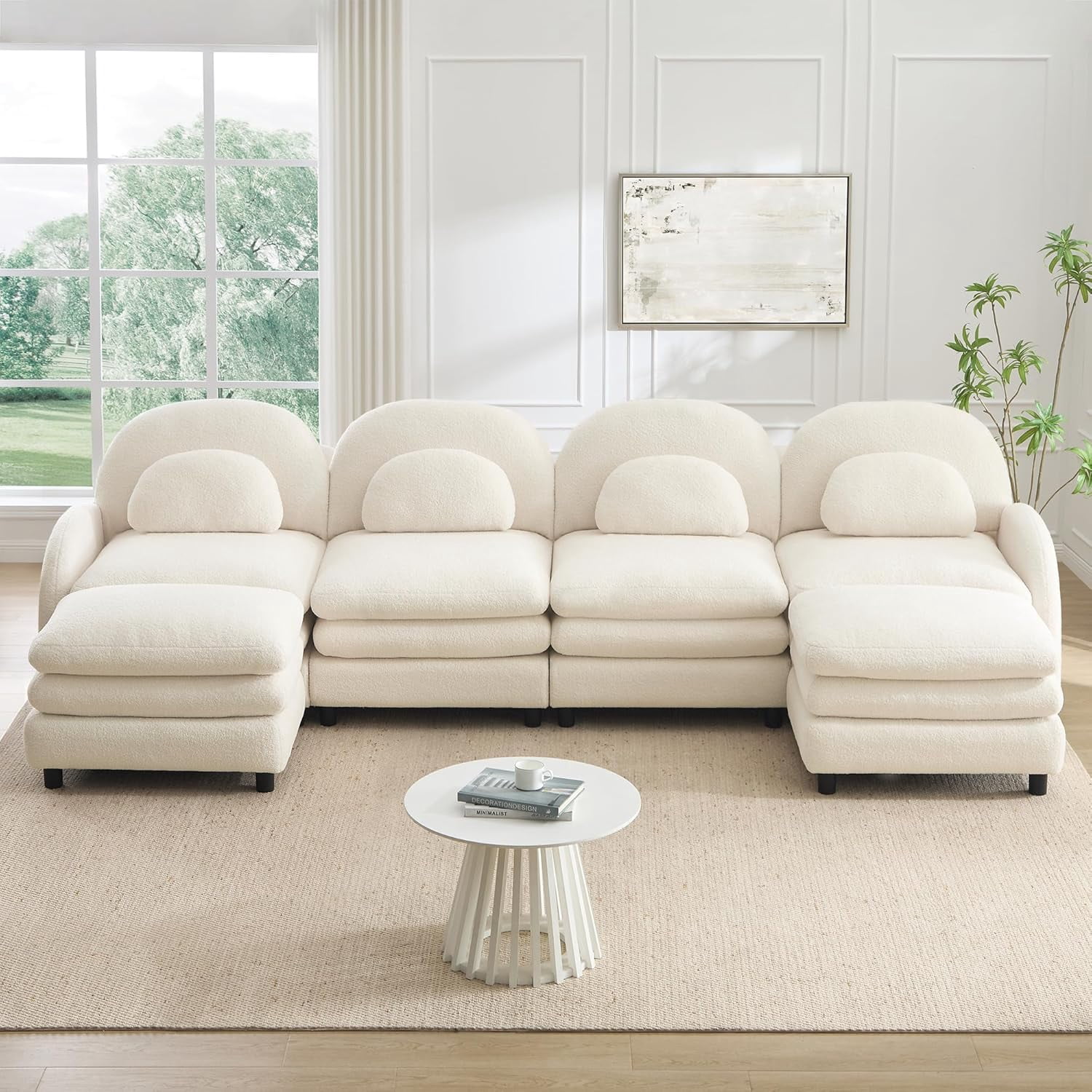 LuxyHoom 129.1" Modern Beige Modular Sectional Couch with 2 Ottomans Sherpa Fleece, Soft Plush Cushion Comfort for Living Room Furniture with Ergonomic Curved Design and Home Studio Style, Beige