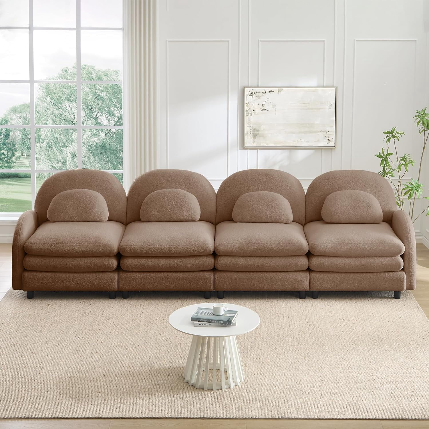 LuxyHoom 129.1" Modular Sectional Sofa Sherpa Fleece Fabric, Plush Comfortable Oversized Cloud Couches Perfect for Modern Living Room Furniture Space with Ergonomic Curved Design Throw Pillows, Camel