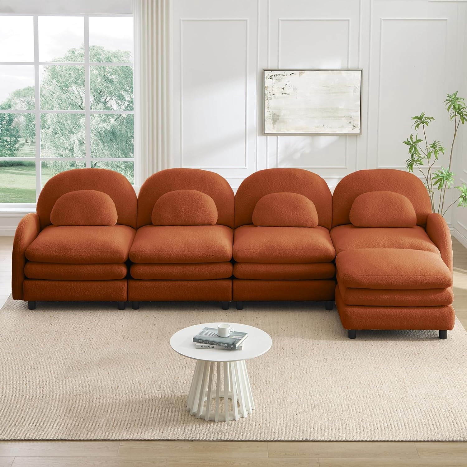 LuxyHoom 129.1" Oversized Sectional Sofa with Chaise Lounge Ottoman Sherpa Fleece, Plush Soft Couch Perfect for Large Living Room Furniture Space with Reversible Chaise and Modern Home Design, Orange