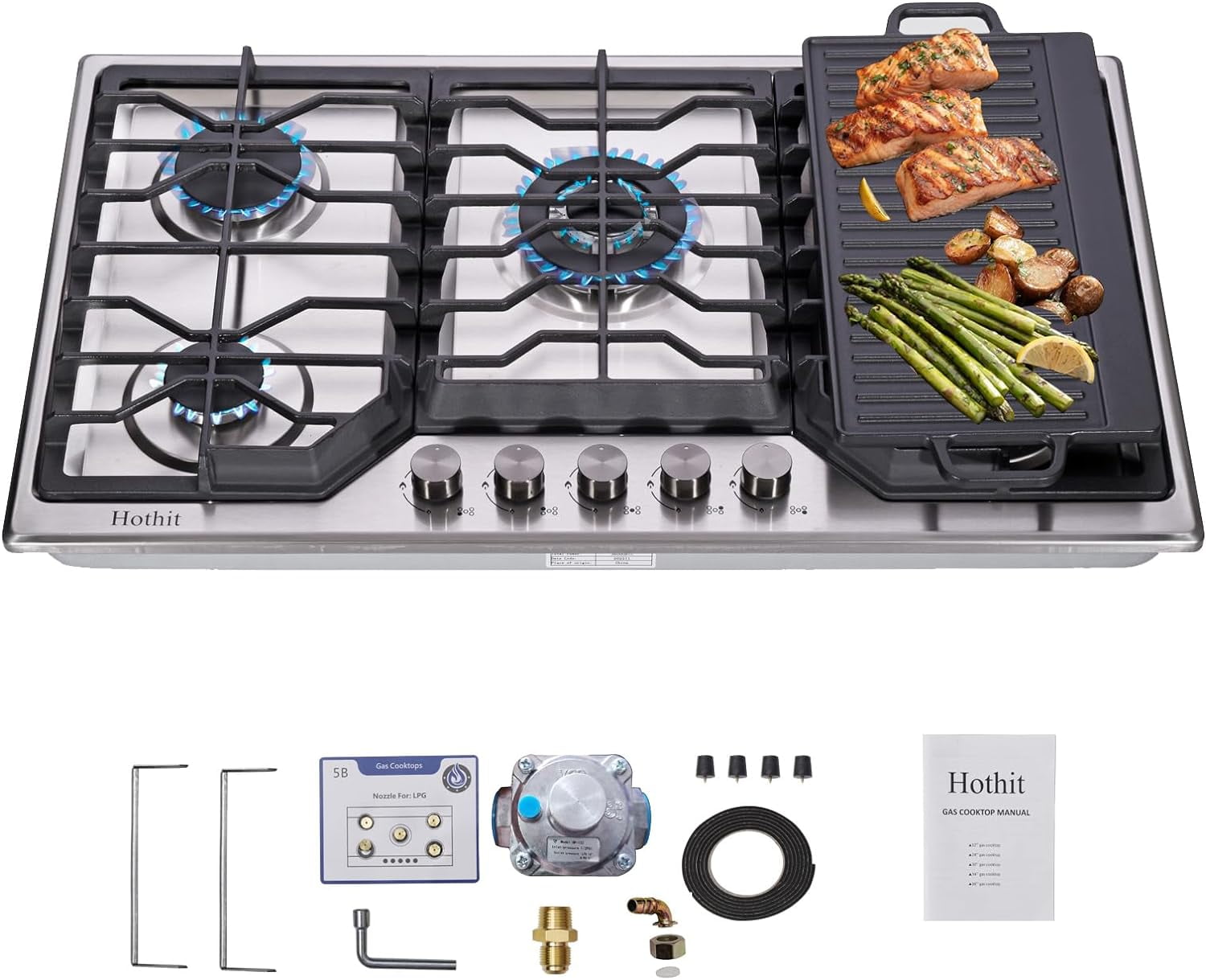 LuxyHoom 34 Inch Gas Cooktop with Griddle, 5 Burner Gas Stove top, Cook