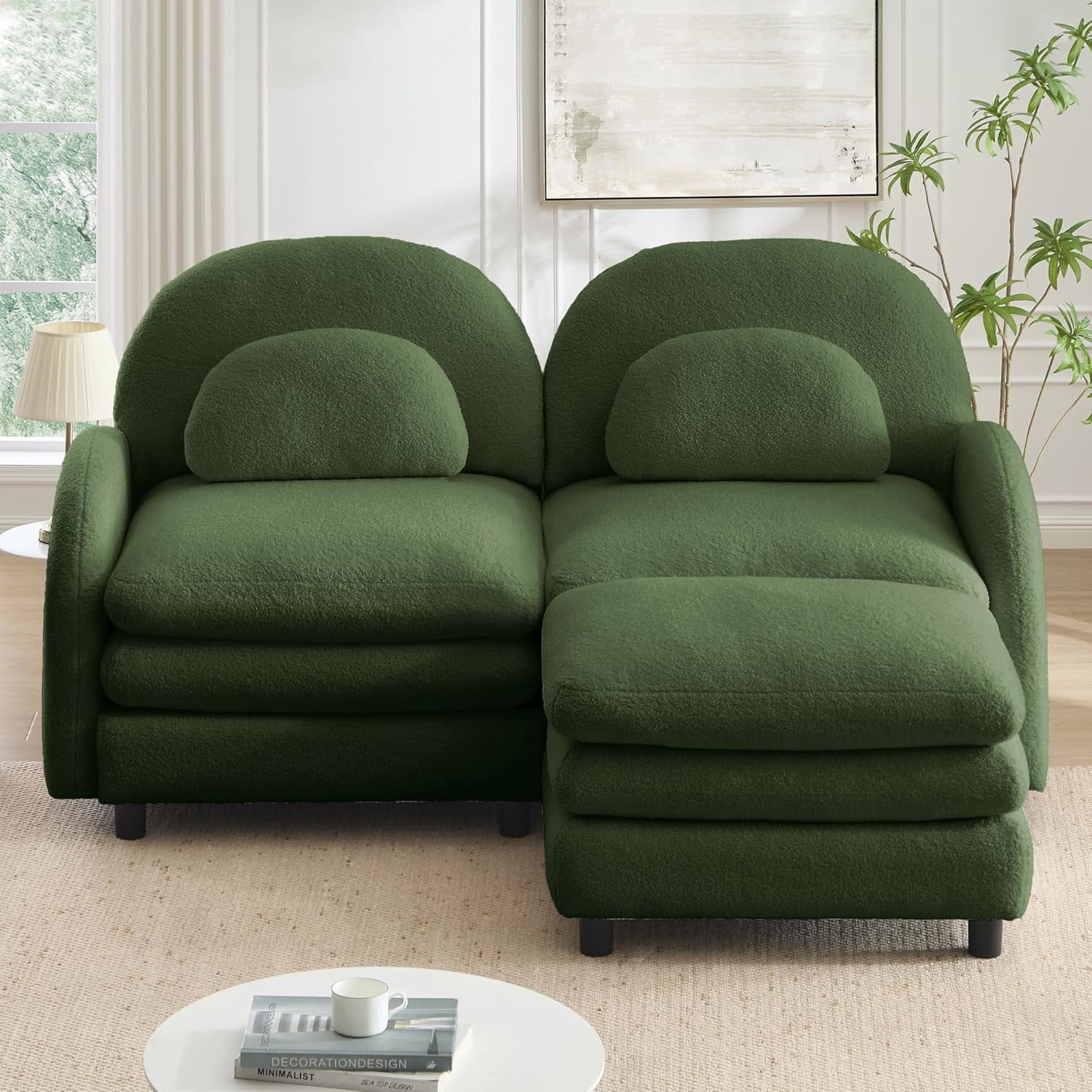 LuxyHoom 68.5" Chaise Lounge Loveseat Sectional Sofa with Ottoman Sherpa Fleece, Plush Soft L Shaped Couch Perfect for Small Living Room Furniture with Chaise and Modern Apartment Living, Green