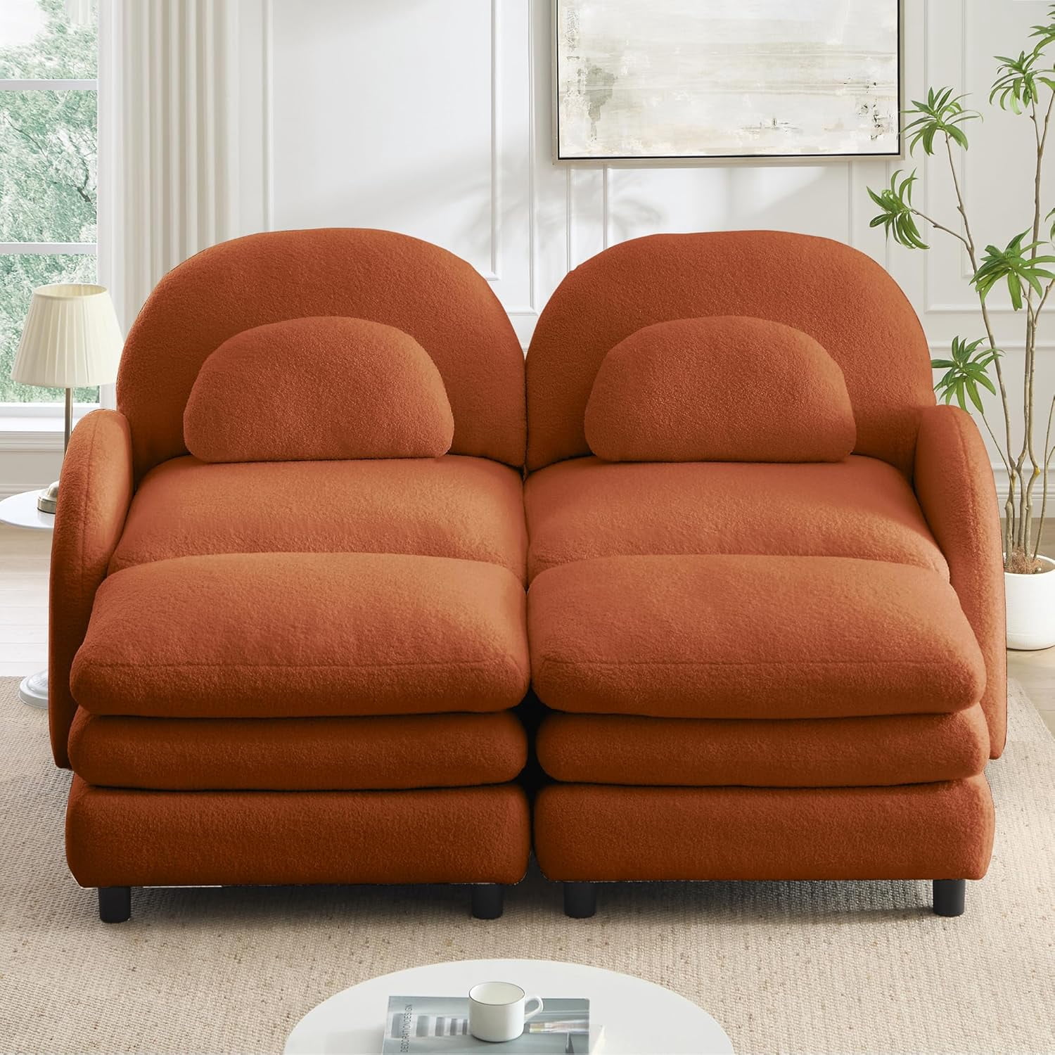 LuxyHoom 68.5" Chaise Lounges Indoor Modular Loveseat with 2 Ottomans Sherpa Fleece, Soft Perfect for Compact Living Room Furniture Space with Space Saving Design and Convertible Modular Use, Orange
