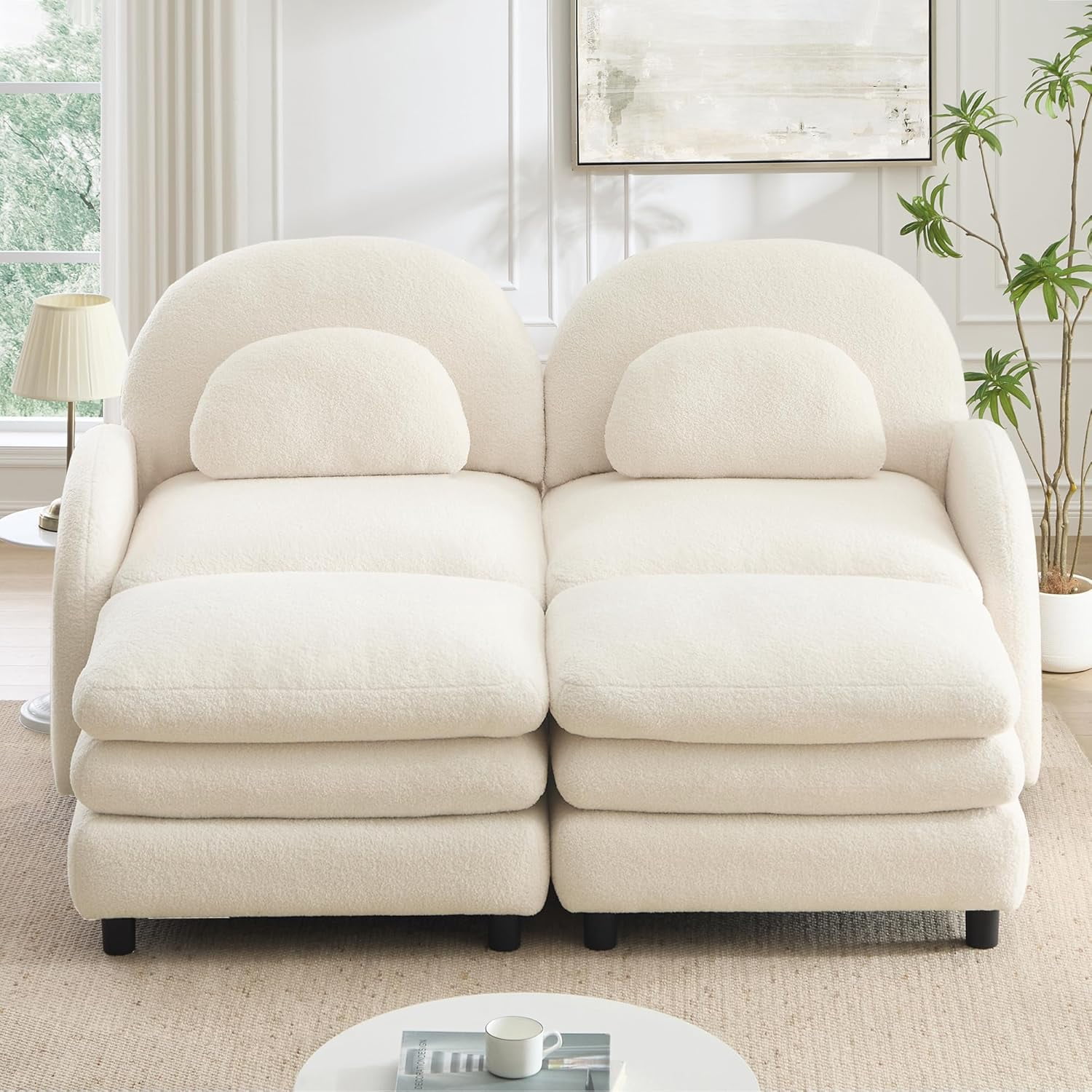 LuxyHoom 68.5" Chaise Lounges Indoor Modular Loveseat with 2 Ottomans Sherpa Fleece, Soft Perfect for Compact Living Room Furniture Space with Space Saving Design and Convertible Modular Use, Beige