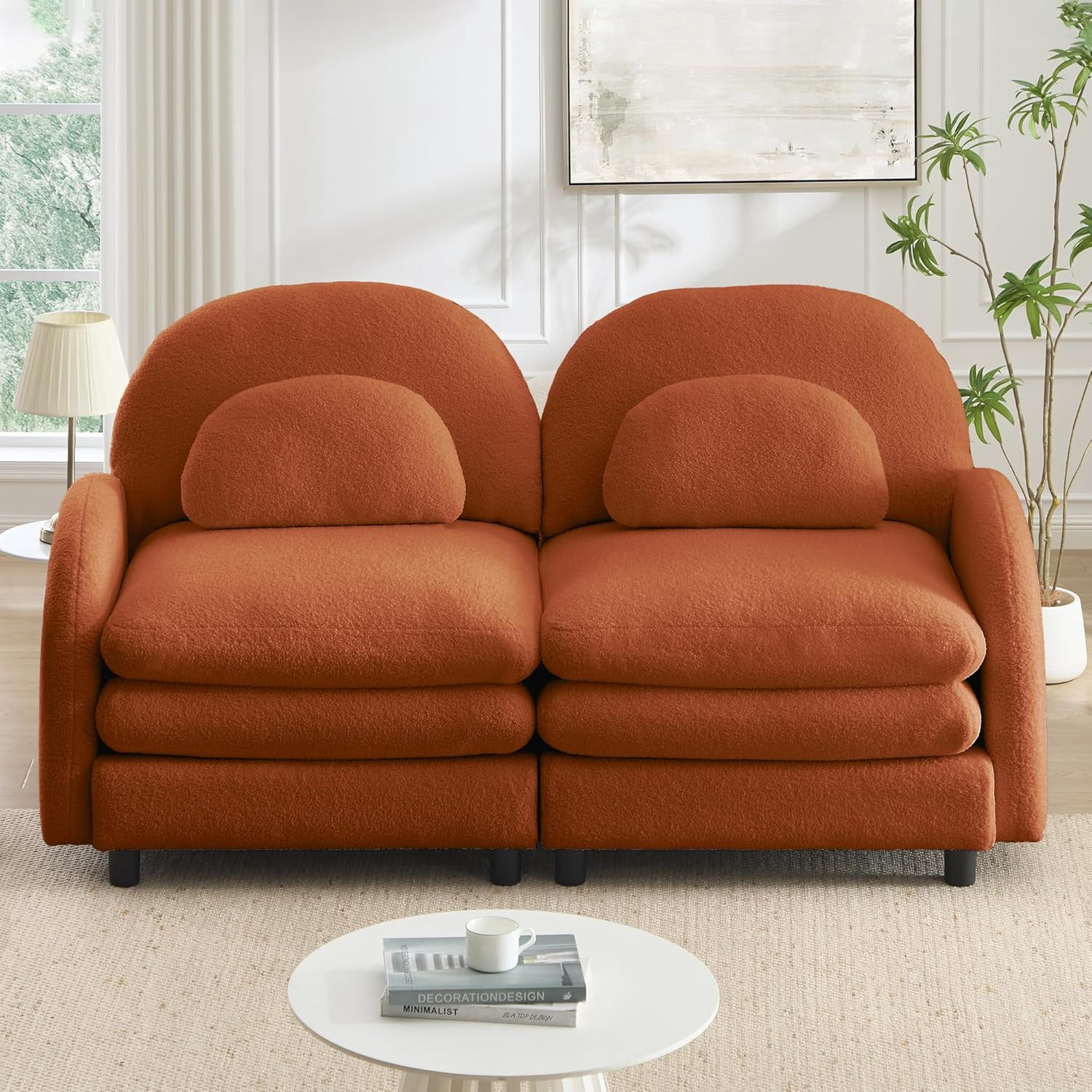 LuxyHoom 68.5" Couch and Loveseat Sets Teddy Fleece Fabric, Plush Comfortable Soft Perfect for Small Modern Living Room Furniture Space with Compact Modular Layout and Studio Apartment Living, Orange