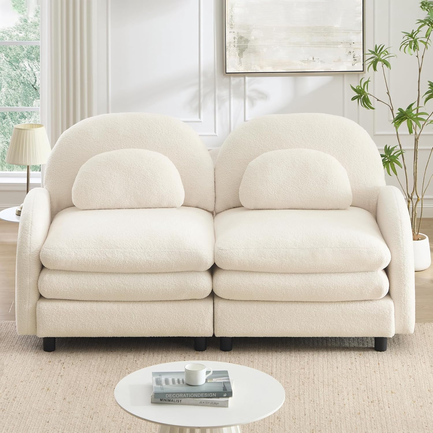 LuxyHoom 68.5" Couch and Loveseat Sets Sherpa Fleece Fabric, Plush Comfortable Soft Perfect for Small Modern Living Room Furniture Space with Compact Modular Layout and Studio Apartment Living, Beige