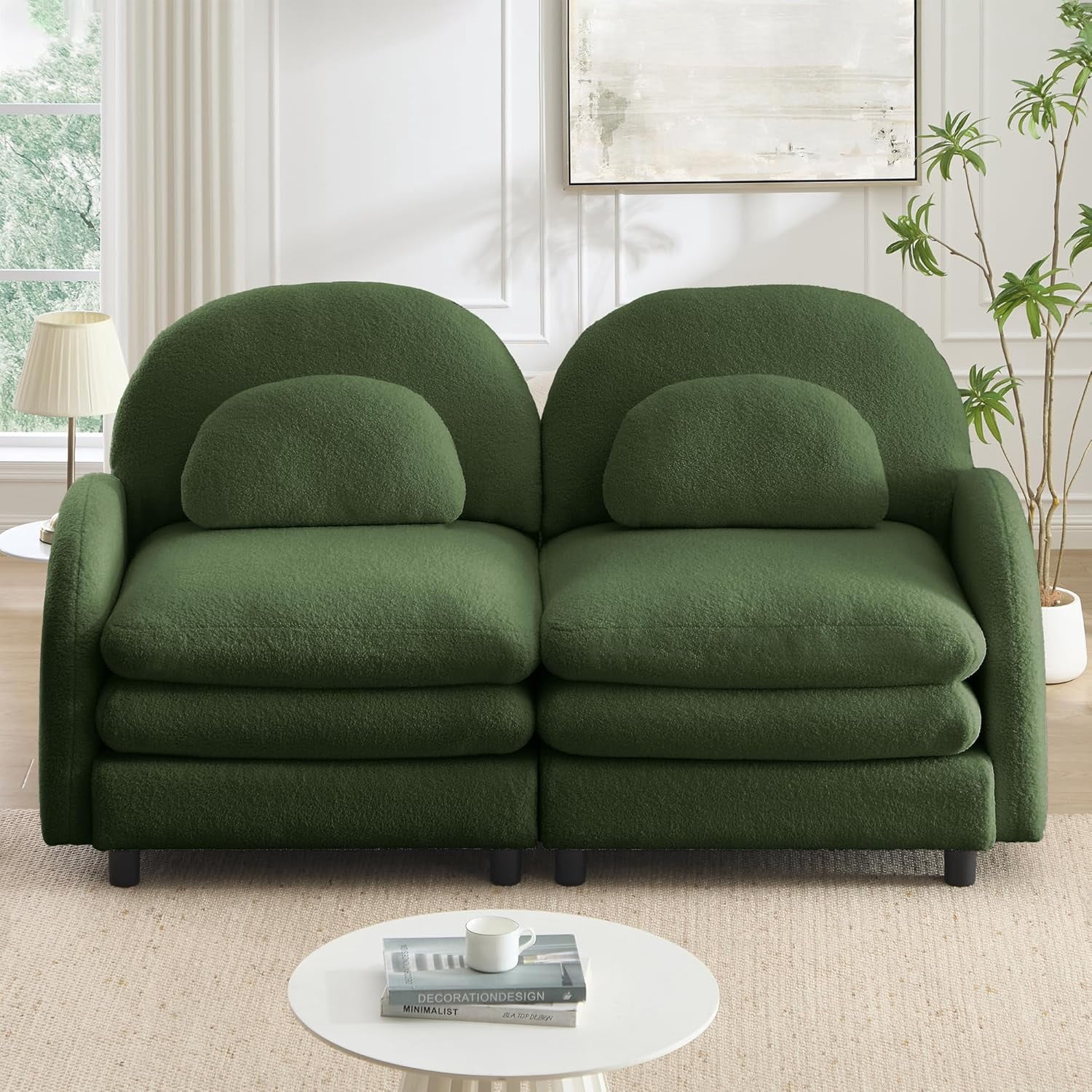 LuxyHoom 68.5" Loveseat Couch Sherpa Fleece Fabric, Plush Soft Sofa Perfect for Small Space, Modern Living Room Furniture Space with Compact Design and Studio Apartment Use Throw Pillow Design, Green