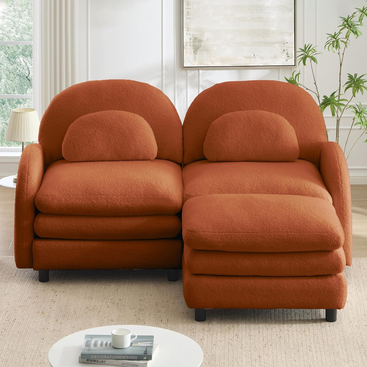 LuxyHoom 68.5" Sectional Loveseat with Chaise Ottoman Sherpa Fleece, Plush Comfortable Sofa Perfect for Small Living Room Furniture with Reversible Chaise Design and Apartment Living Use, Orange