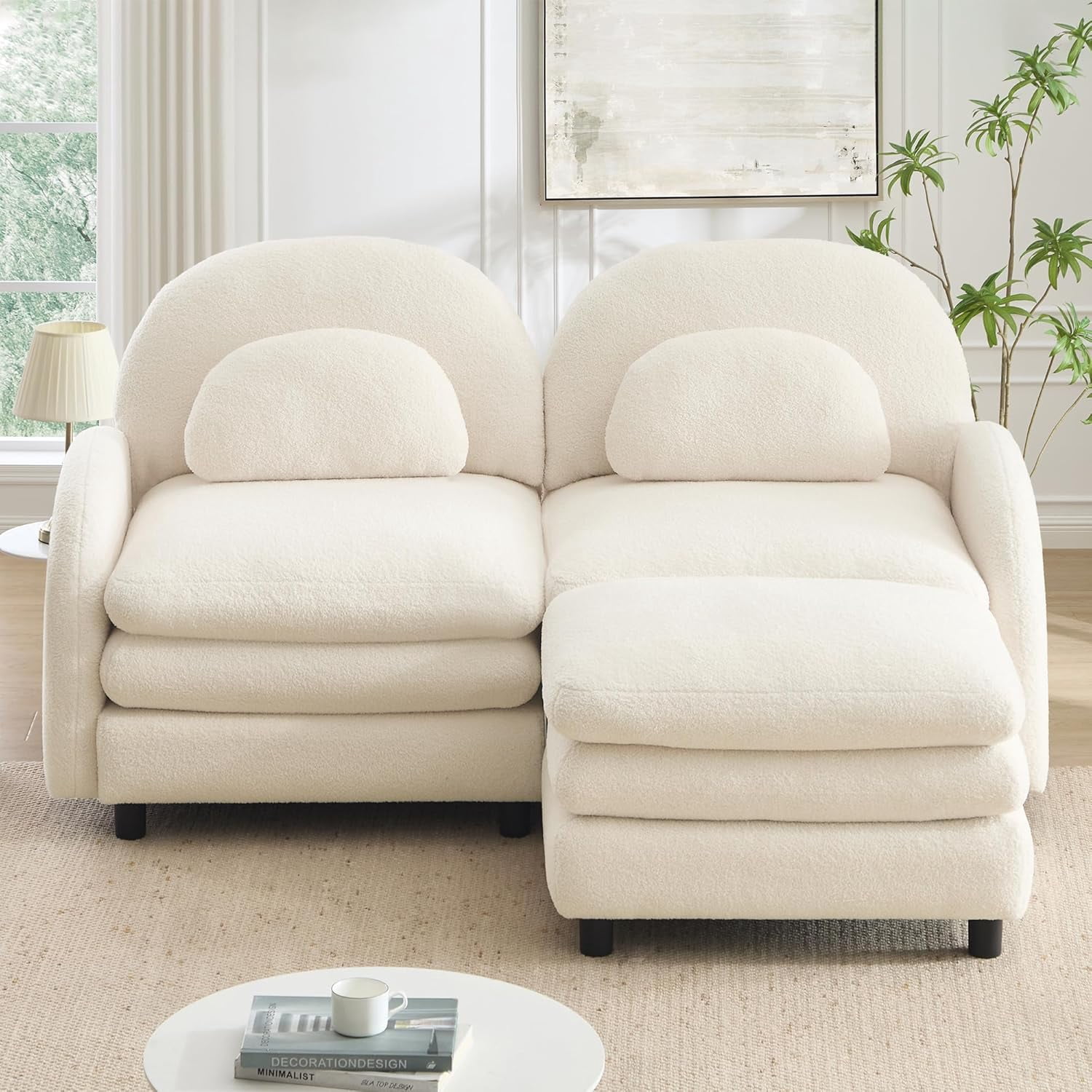 LuxyHoom 68.5" Sectional Loveseat with Chaise Ottoman Teddy Fleece, Plush Comfortable Sofa Perfect for Small Living Room Furniture with Reversible Chaise Design and Modern Apartment Living Use, Beige