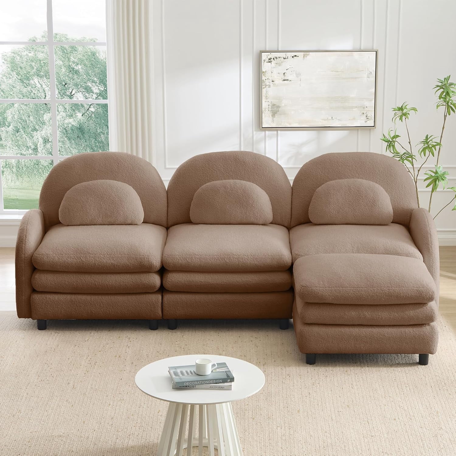 LuxyHoom 98.2" Modular Sectional Couch with Ottoman Sherpa Fleece, Plush L-Shape Oversize Cloud Sofa Perfect for Living Room Furniture Space with Ergonomic Curved Design and Modern Home Style, Camel