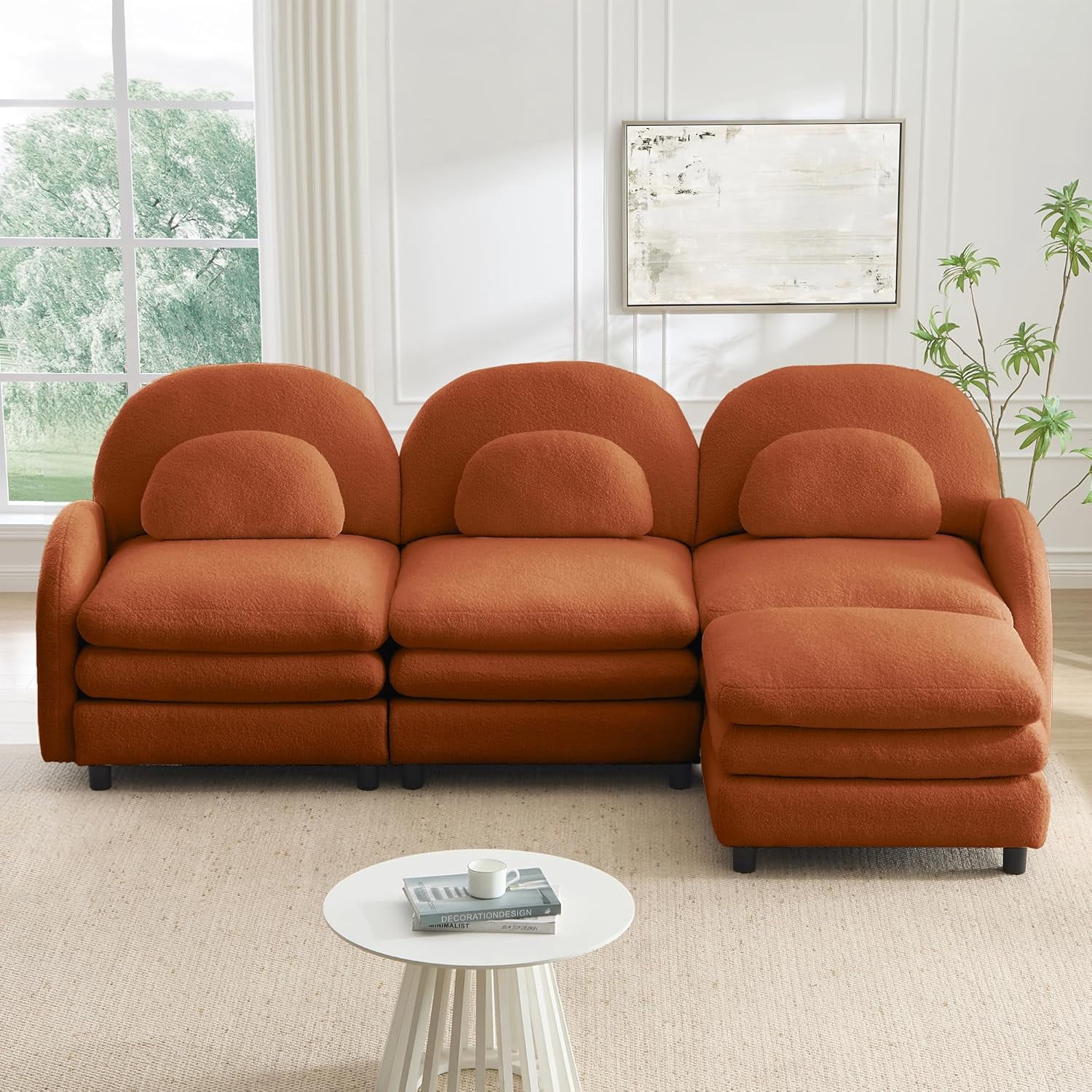 LuxyHoom 98.2" Modular Sectional Couch with Ottoman Sherpa Fleece, Plush L-Shape Oversize Cloud Sofa Perfect for Living Room Furniture Space with Reversible Chaise and Flexible Layout Design, Orange
