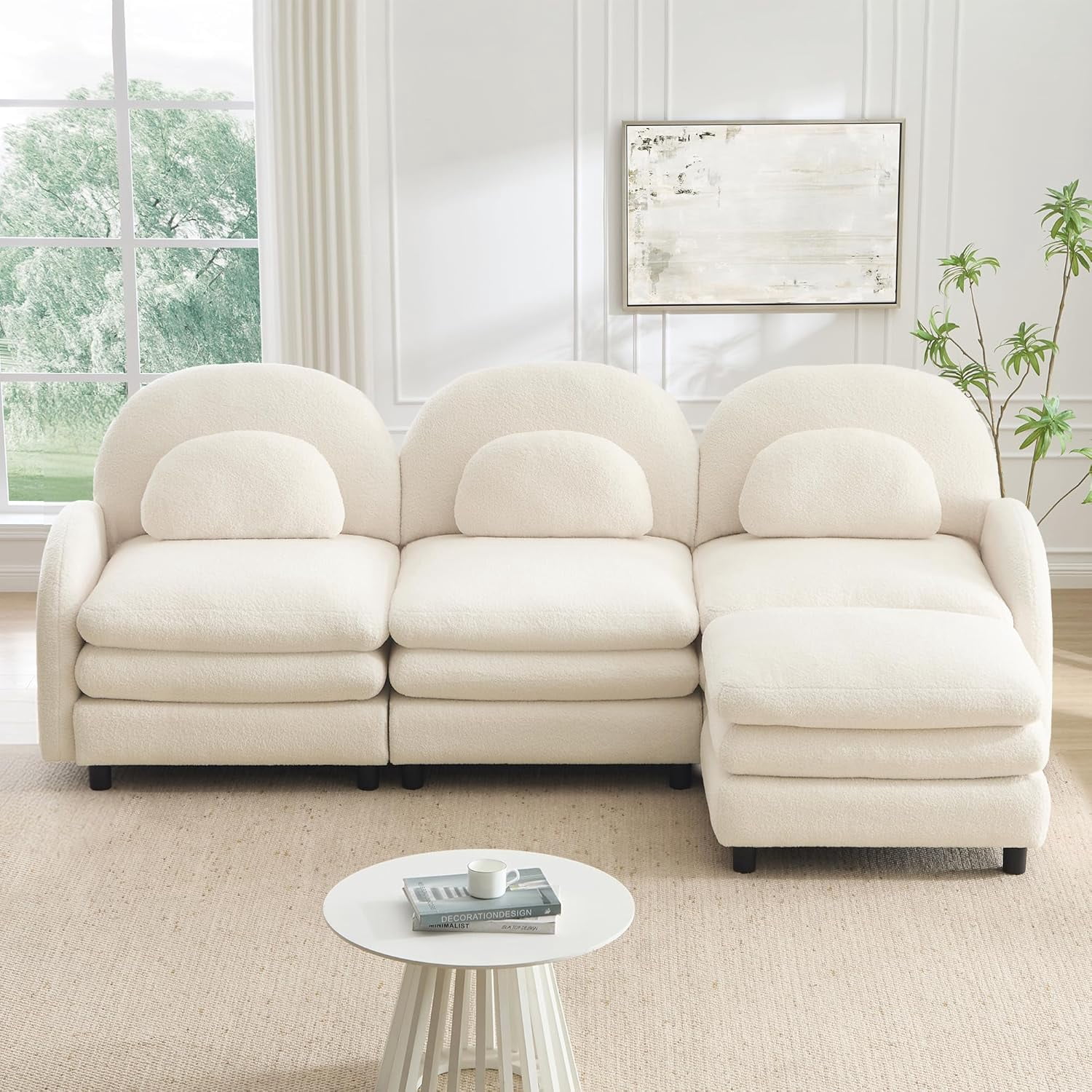 LuxyHoom 98.2" Modular Sectional Couch with Ottoman Sherpa Fleece, Plush L-Shape Oversize Cloud Sofa Perfect for Living Room Furniture Space with Reversible Chaise and Flexible Layout Design, Beige