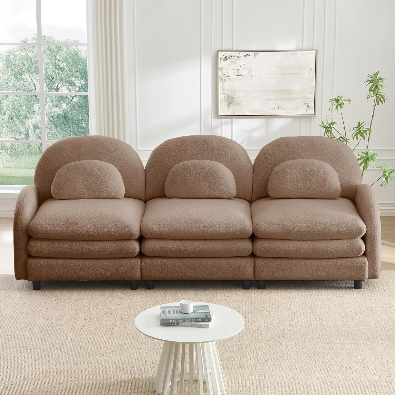 LuxyHoom 98.2" Modular Sectional Couch Sherpa Fleece Fabric, Plush Comfortable Soft Oversize Cloud Sofa Perfect for Living Room Furniture Space with Ergonomic Curved Design and Apartment Style, Camel
