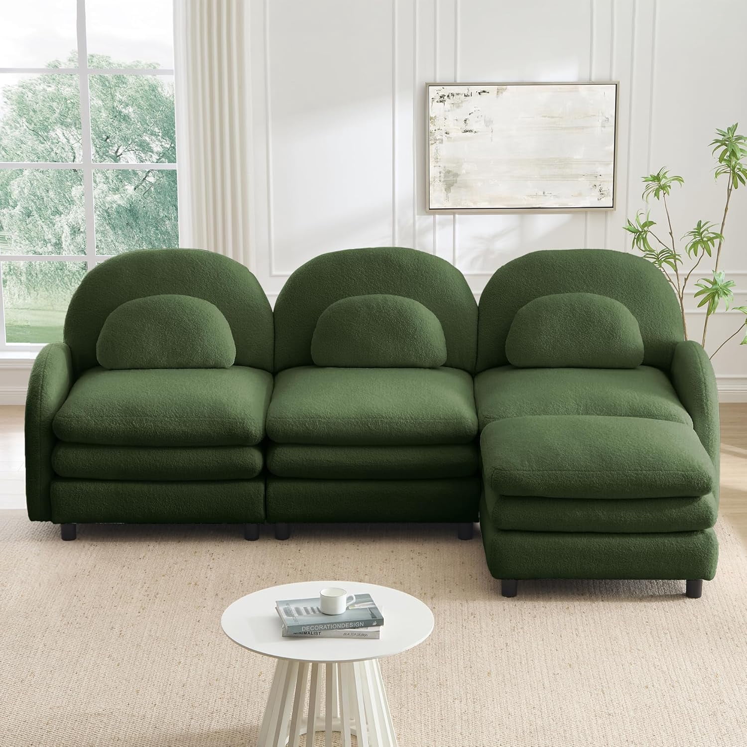 LuxyHoom 98.2" Oversized Sectional Couch with Ottoman Sherpa Fleece, Plush Soft Sofa Perfect for Spacious Living Room Furniture Space with Modular Configuration and Contemporary Home Design, Green