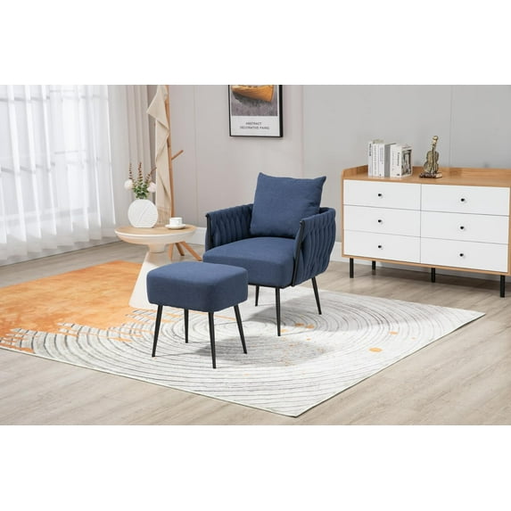 LuxyHoom Linen Accent Chair with Ottoman Set, Modern Upholstered Armchair Tufted Chair with Metal Frame, Single Leisure Chair with Footrest Stool for Living Room Bedroom Office, Navy