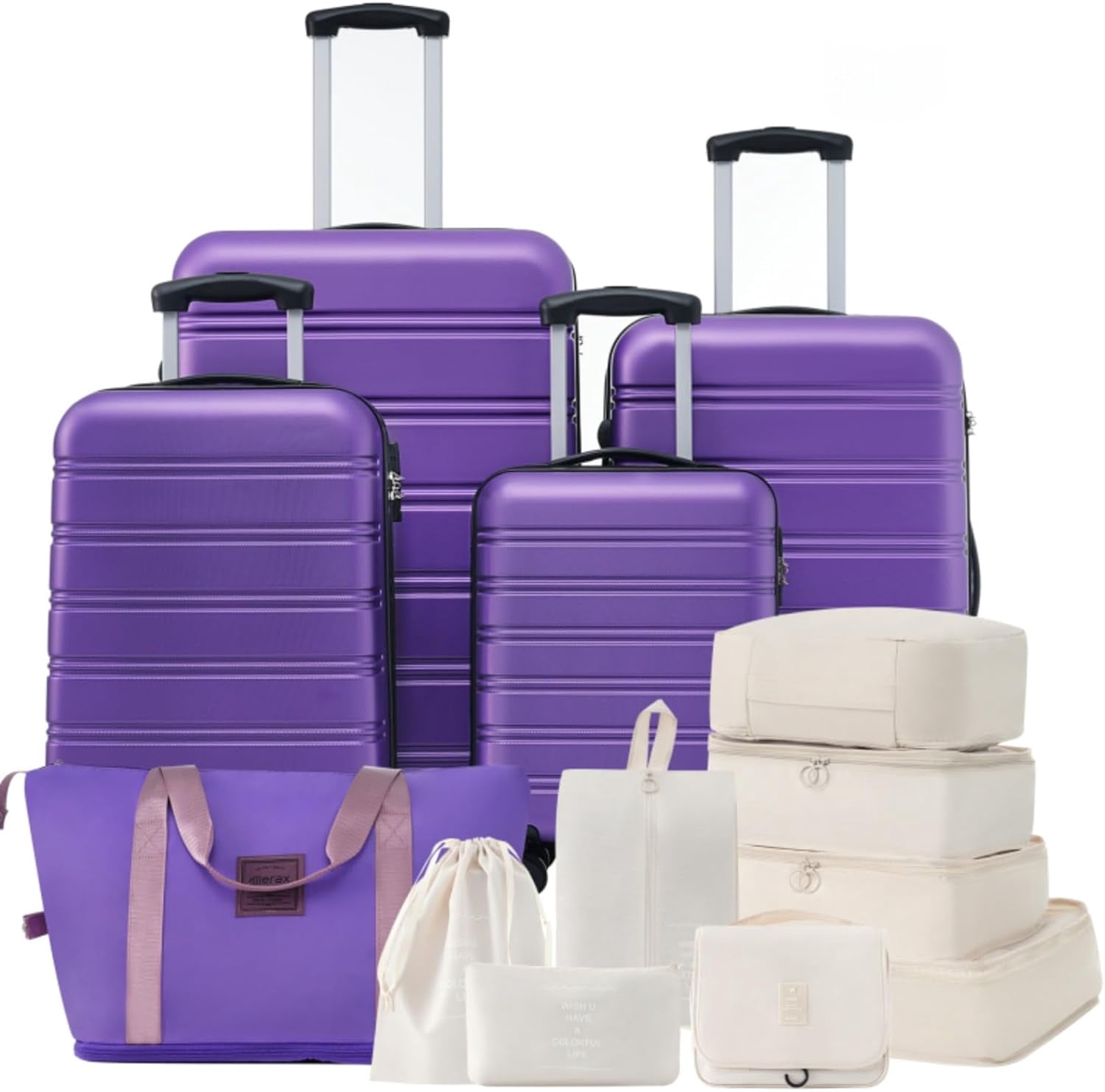 LuxyHoom Luggage Sets 4 pcs Spinner Suitcase w Travel Bag, Hard Shell Luggage with TSA Lock Lightweight, Hardshell ABS for Kids, Women, Men, Airline Approved Carry On, 16" 20" 24" 28" (Purple)