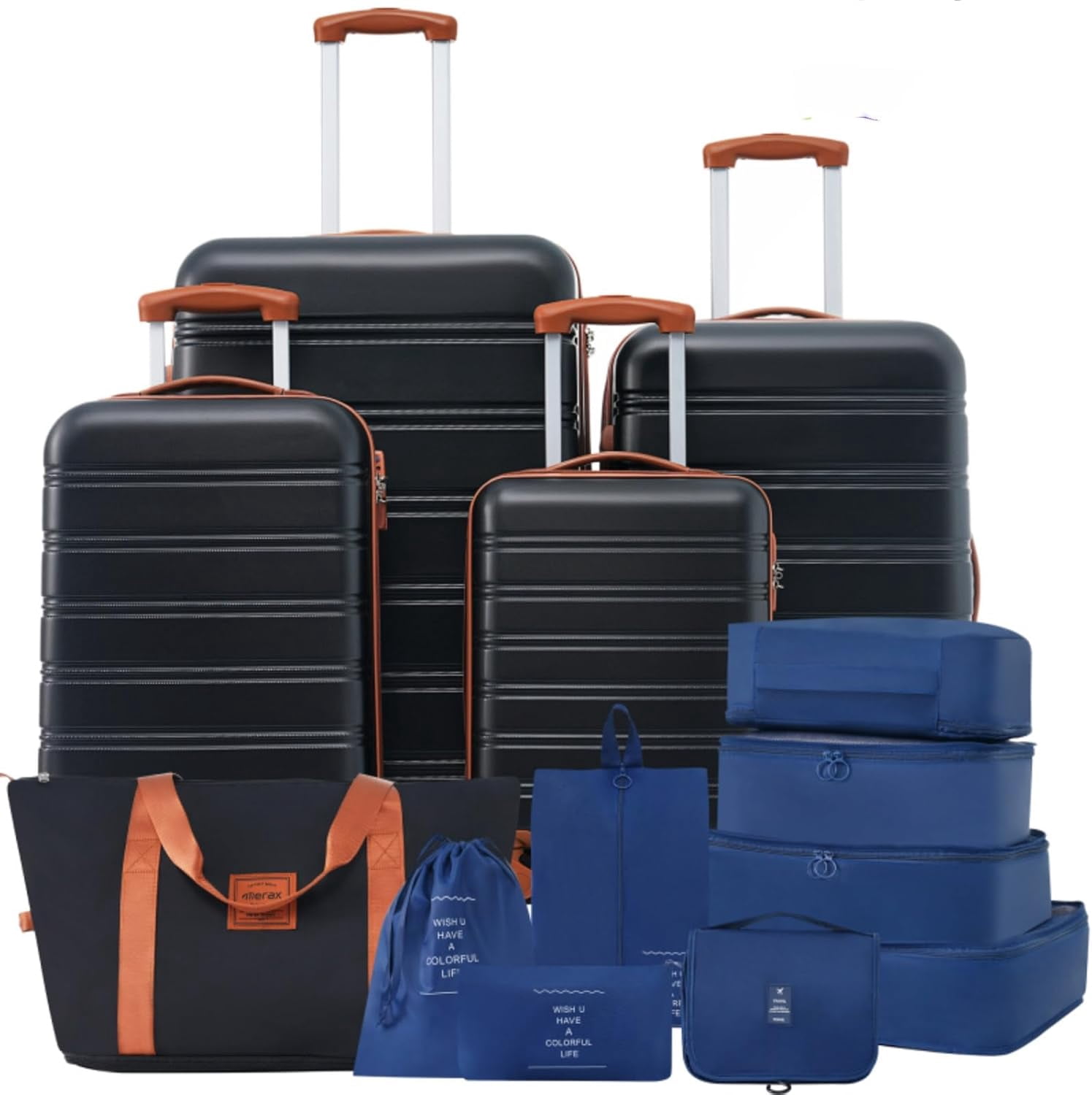 LuxyHoom Luggage Sets 4 pcs Spinner Suitcase w Travel Bag, Hard Shell Luggage with TSA Lock Lightweight, Hardshell ABS for Kids, Women, Men, Airline Approved Carry On, 16" 20" 24" 28" (Black+Brown)