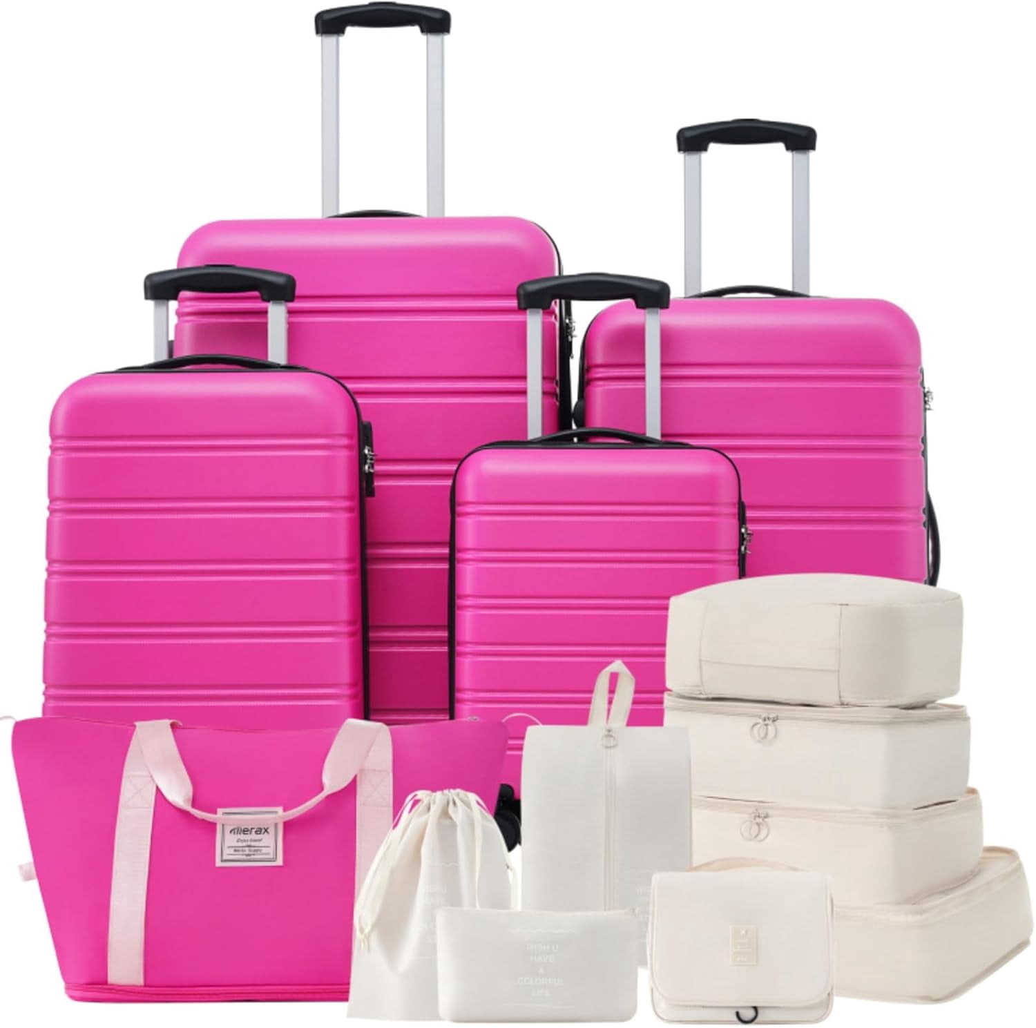 LuxyHoom Luggage Sets 4 pcs Spinner Suitcase w Travel Bag, Hard Shell Luggage with TSA Lock Lightweight, Hardshell ABS for Kids, Women, Men, Airline Approved Carry On, 16" 20" 24" 28" (Pink)