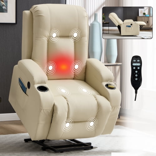 LuxyHoom Manual Lift Recliner Chair for Elderly with Massage and Heat, Heavy Duty 350 lbs Large Oversized Recliner with Infinite Positions, USB Ports & Cup Holders(Breathable Leather, Beige)