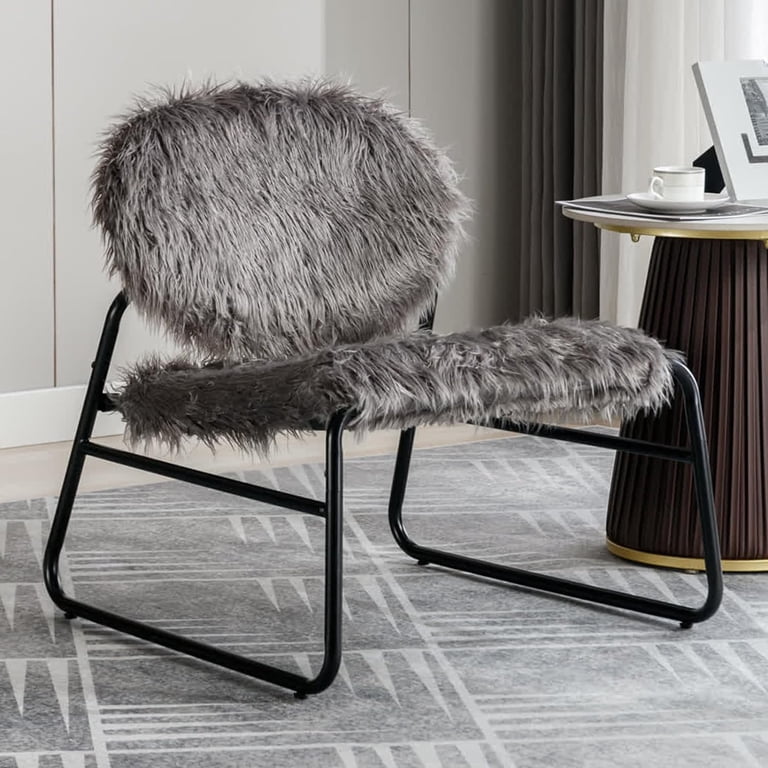 LuxyHoom Modern Accent Chair, Comfy Faux Fur Chair, Grey Fluffy
