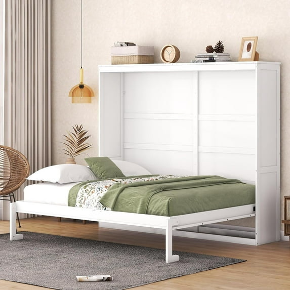LuxyHoom Murphy Bed Full, Full Size Murphy Cabinet Bed, Wall Bed, Wood Hideaway Folding Beds Platform for Bedroom, Apartment, Guest Room, Studio, Home Office, White