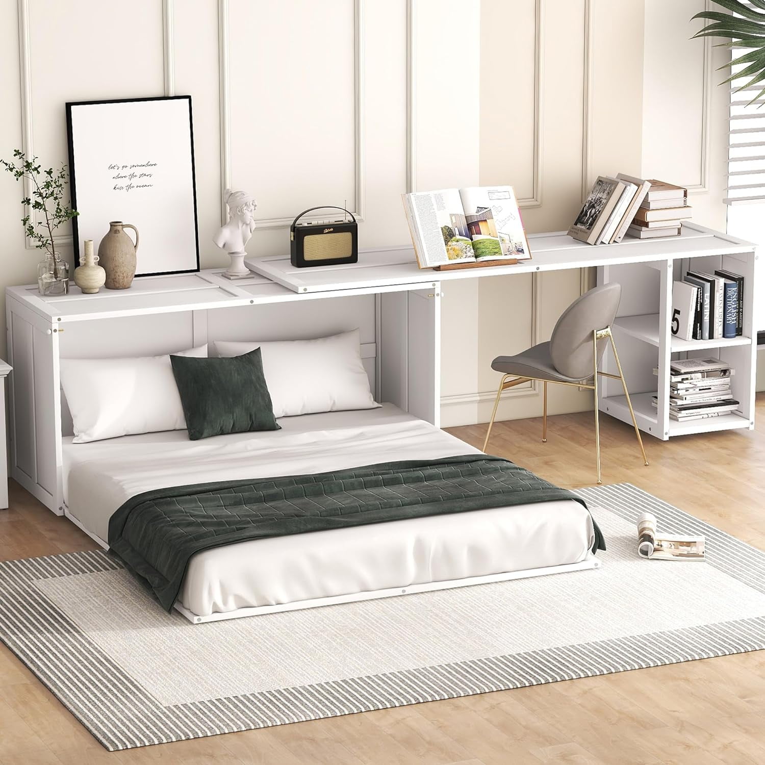 LuxyHoom Murphy Bed Queen, Queen Size Murphy Bed Cabinet with Rotable Desk and 2 Storage Shelves, Wood Hideaway Folding Beds for Platform Bedroom, Guest Room or Home Office, White
