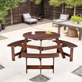 thumbnail image 1 of LuxyHoom Outdoor 6 Person Picnic Table, 6 Person Round Picnic Table with 3 Built-in Benches, Umbrella Hole, Outside Table and Bench Set for Garden, Backyard, Porch, Patio, Brown, 1 of 8