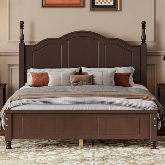 LuxyHoom Queen Size Bed Frame, Solid Wood Foundation, Classic Wood Platform Bed Frame, No Box Spring Needed, Strong Wooden Slats Support, Queen, Dark Walnut