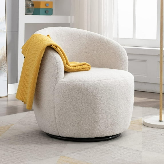 LuxyHoom Swivel Barrel Chair with Teddy Fabric, Swivel Accent Chair, Comfy Sherpa Round Accent Chair, Swivel Club Armchair for Nursery Living Room Bedroom (Ivory)