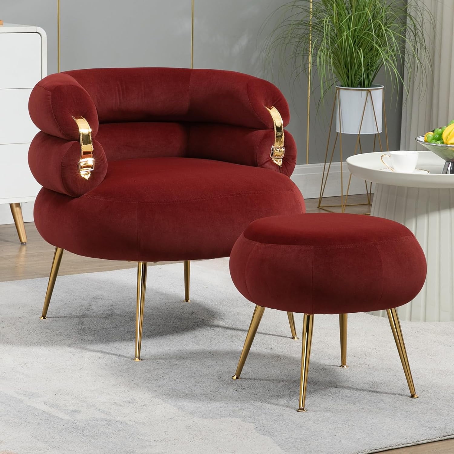LuxyHoom Velvet Accent Chair with Ottoman, Modern Barrel Chair with ...