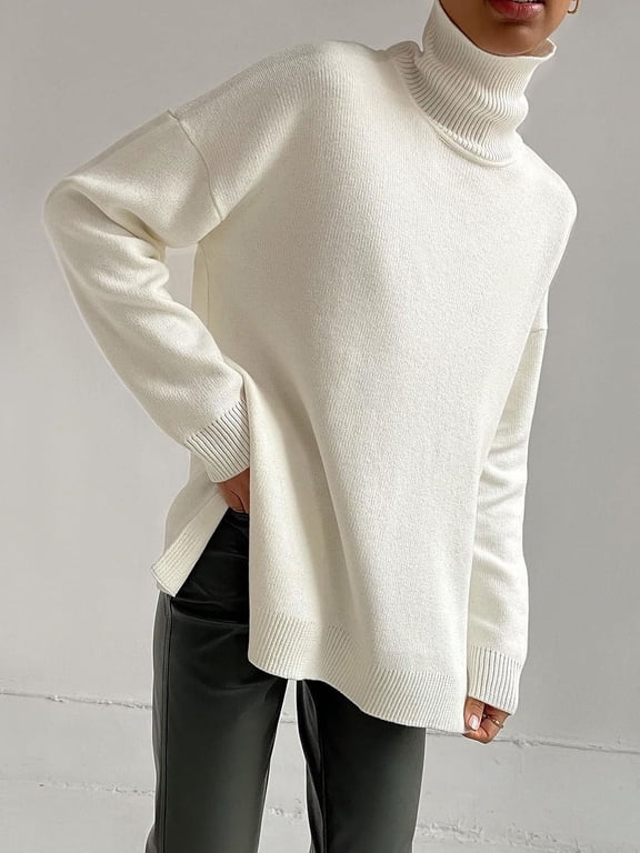 Women Solid Turtleneck Sweater Casual Long Sleeve Knitted Pullover Sweater Tops with Side Split White L