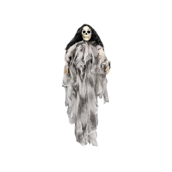 Luyimi 29.52" Hanging Skeleton Witch Halloween Decoration, Gray Gradient Tattered Gauze Ghost with Long Black Hair, Spooky Decor for Indoor Outdoor Porch Door Haunted House Party