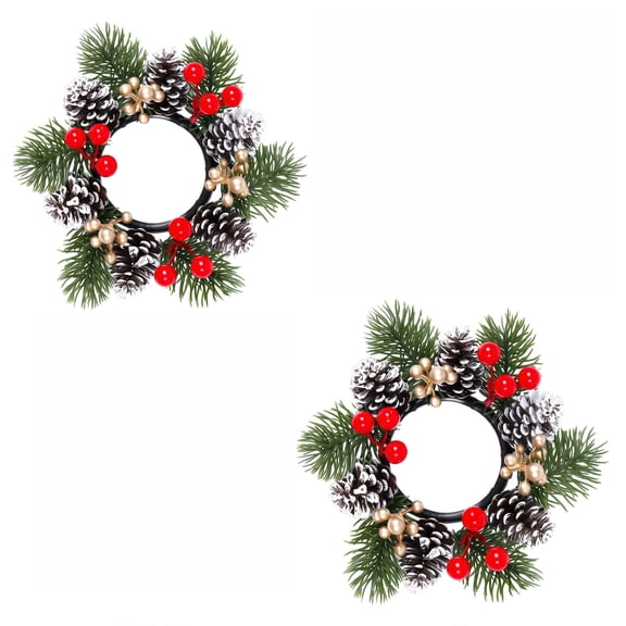 Luyimi 2pc Christmas Candle Rings, Rustic Pine Cone Red Berry Candle Wreath, Artificial Pine Needle Candle Holder Wreath for Pillar Candle Dining Table Centerpiece Xmas Holiday Home Decorations B