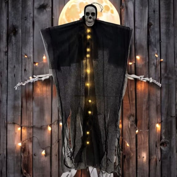 Luyimi 35.43" Lighted Grim Reaper Skeleton Scary Hanging Ghost, Warm LED Glowing Halloween Decorations for Indoor Outdoor Haunted House Porch Yard Scary Party