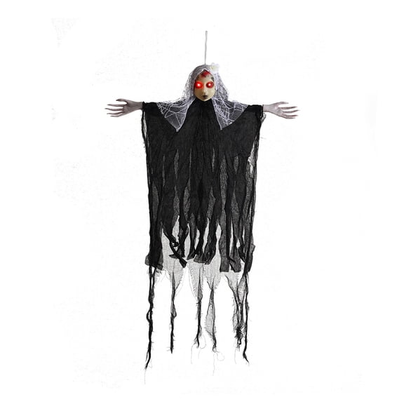 Luyimi 39.37" Hanging Ghost Bride Halloween Decoration with Glowing Red Eyes, Tattered Black Gauze Veil with White Flower, Spooky Hanging Decor for Outdoor Porch Tree Indoor Haunted House Party