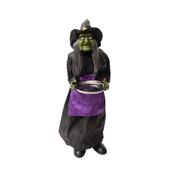 Luyimi 39.37" Sound Activated Animated Witch Halloween Decoration, Red Glowing Eyes Moving Jaw Candy Holder, Interactive Trick or Treat Server for Front Porch Indoor Party