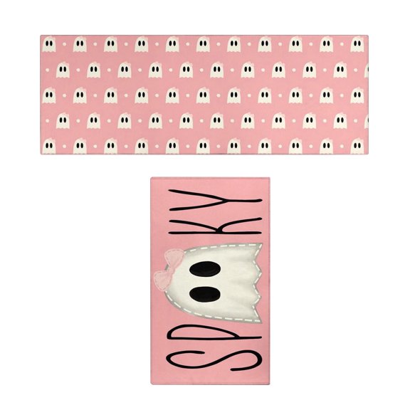 Luyimi 3pc Pink Spooky Ghost Kitchen Rug Set, Cute Bow Ghost Pattern Waterproof Anti Fatigue Floor Mats, Non Slip Pastel Halloween Decor Standing Rugs for Kitchen Sink Farmhouse Indoor Home Decor A