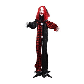 Luyimi 69" Standing Evil Clown Halloween Decoration, Life Size Scary Sounds Glowing Eyes Clown Prop, Freestanding Spooky Halloween Decor for Outdoor Yard Haunted House Party