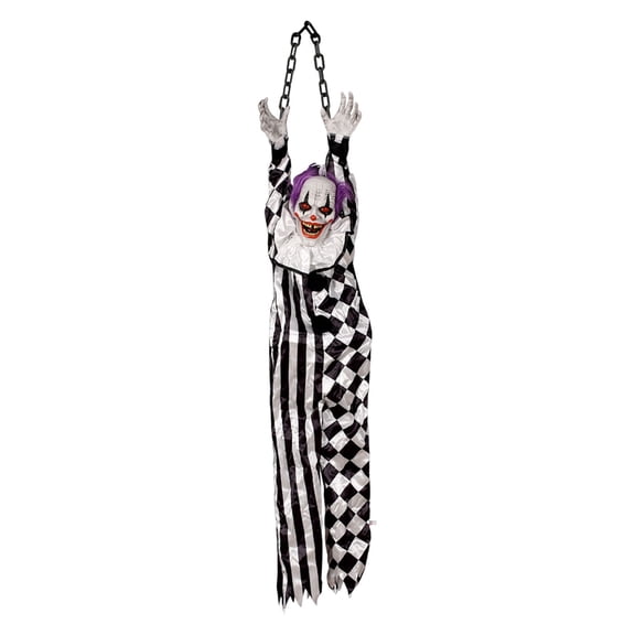 Luyimi Animated Hanging Clown Halloween Decoration, Sound Activated Scary Clown with Glowing Eyes & Shaking Body, Chain Hanging Halloween Decor for Outdoor Tree Porch Haunted House Party C