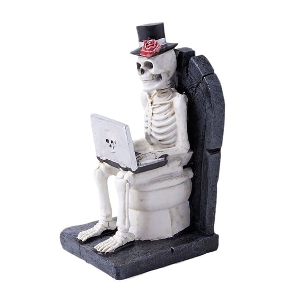 Luyimi Funny Halloween Skeleton Figurine, Resin Skeleton Sitting on Toilet with Laptop Statue, Humorous Spooky Tabletop Decor for Home Office Desk Halloween Party Decoration