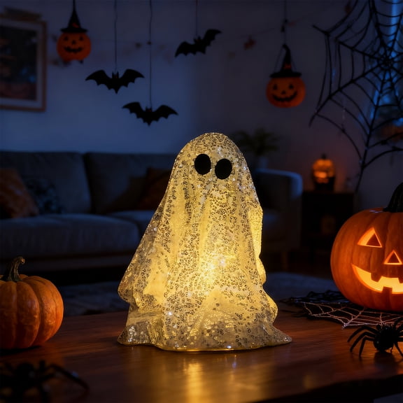 Luyimi Glitter Sequins Ghost Table Lamp, Warm LED Light Up Shiny Ghost Figurine, Battery Powered Sequin Ghost Night Light for Desktop Mantel Indoor Halloween Fall Party Home Decor Gift