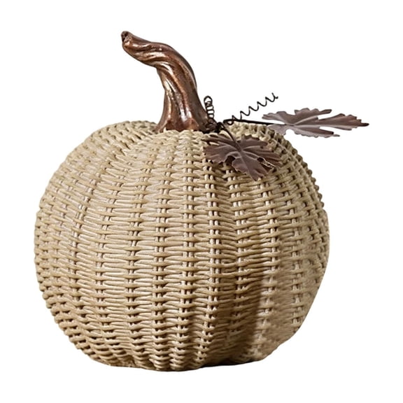 Luyimi Halloween Hand Woven Pumpkin Decoration, Stacked & Single Pumpkin Figurines with Maple Leaves, Rustic Basket Weave Texture, Fall Harvest Halloween Decor for Mantel Table Home Party Decor F