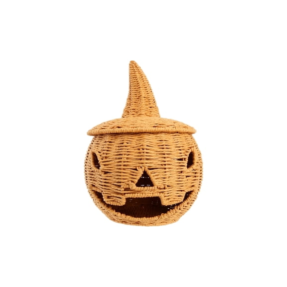 Luyimi Hand Woven Pumpkin Decoration with Witch Hat Lid, Wicker Pumpkin Lantern Candle Holder with Top, Rustic Decorative Storage Basket, Halloween Decor for Mantel Porch Tabletop Fall Home Decor