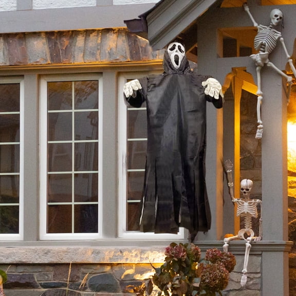 Luyimi Hanging Screaming Ghost Halloween Decoration, 27 Inch Size Hooded Ghost with Black Robe & White Gloves, Spooky Window Wall Decor for Outdoor Porch Haunted House Party
