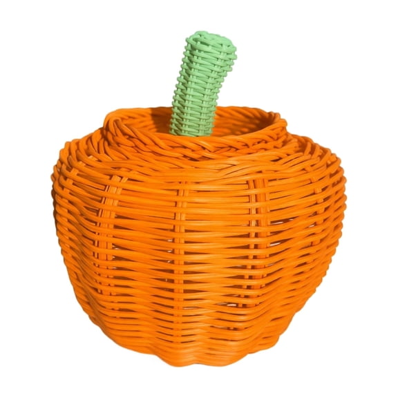 QLUEWX Woven Pumpkin Storage Basket with Lid, Rattan Pumpkin Candy Container, Decorative Lidded Pumpkin Organizer for Halloween Candy Fall Harvest Tabletop Centerpiece Home Desktop Decor Box