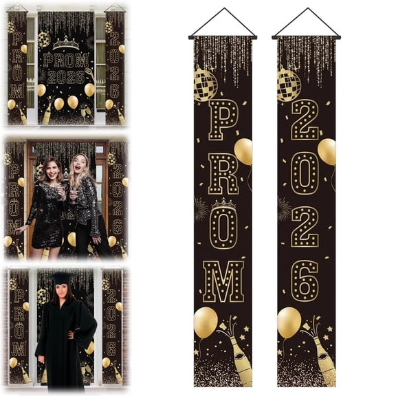 Luysn 2Pc Prom Night Decorations 2026 Graduation Party Supplies Gold Glitter Prom Send Off Banner Porch Sign Backdrop for Photoshoot 2026 High School College Graduation Celebrations 11.8"X5.91Ft