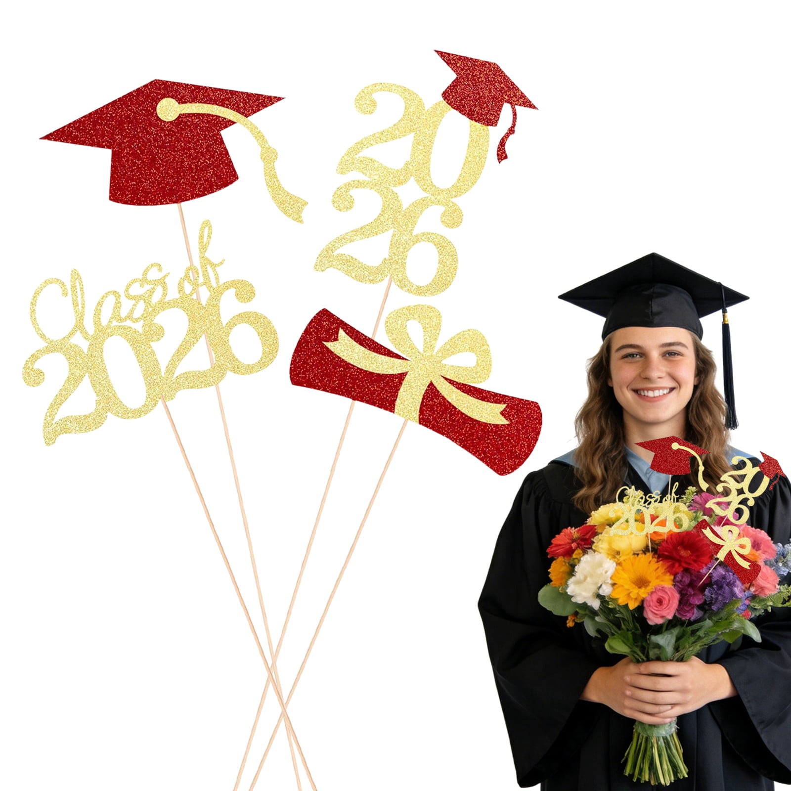 Luysn Double-Sided 4 Pcs Graduation Cake Toppers–Gold Class Of 2026 ...