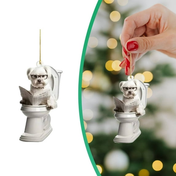 Luysn Funny Dog Sitting On Toilet Ornament, Dog Reading Newspaper Christmas Ornament 2025, Hilarious Doglover Gift, Acrylic Cute Dogdecor for Christmas Tree, Car Mirror Or Desk (1Pc/3Inch)