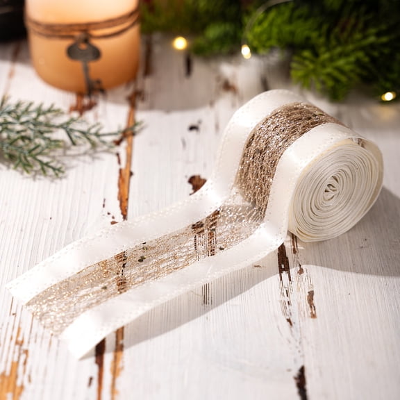 Luysn Gold Wired Ribbon Ivory Satin With Champagne Gold Glitter Mesh 2.5In Christmas Ribbon for Tree Gift Wrapping Wreaths Garland Topper Bows Crafts Home Decor 5 Yards,Christmas Tree Ribbon(1 Roll)