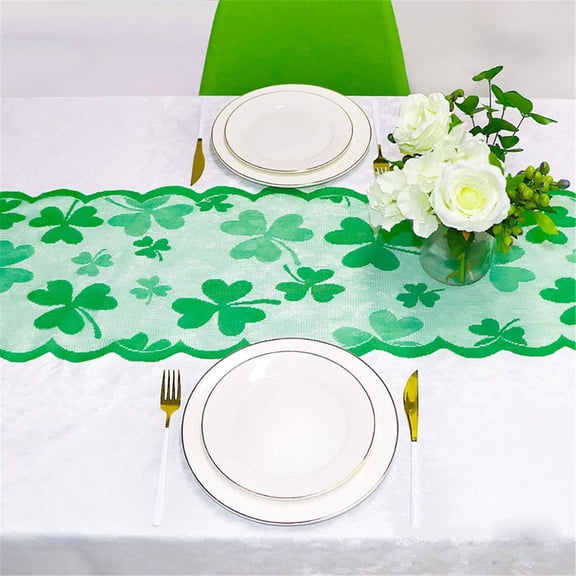 Luysn Lace Table Runner,Green Shamrock Embroidered Lace Design,Elegant Clover Table Flag Decoration for Festive Decor,Table Runner,Green Table Runner,Shamrock Clover Boho Table Runner